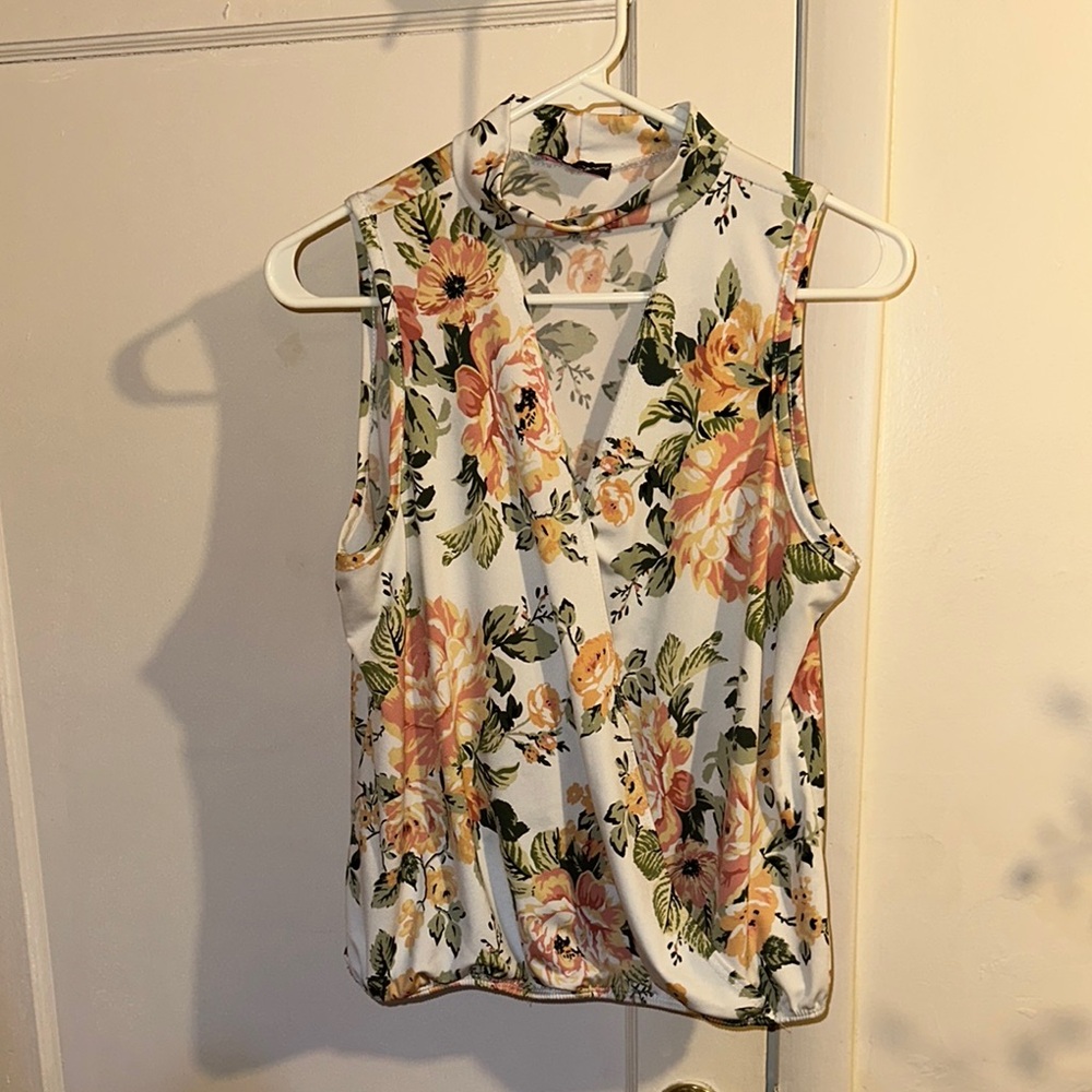 Floral Sleeveless Top - Cream and Orange